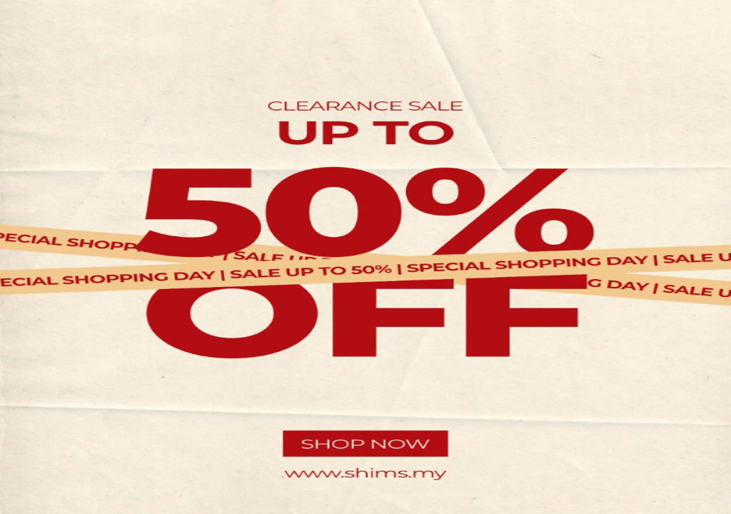 Clearance sale advertisement with 'Up to 50% Off' text on a beige background.